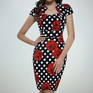 New! Grace Karin Rockabilly Pin Up Pencil Dress Polka Dot Roses Size 3X NWT